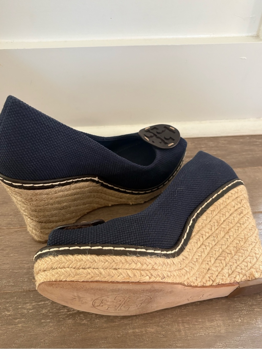 Tory Burch Navy Canvas Espadrille Wedge Peep Toe Heels Size 7M - Picture 7 of 7